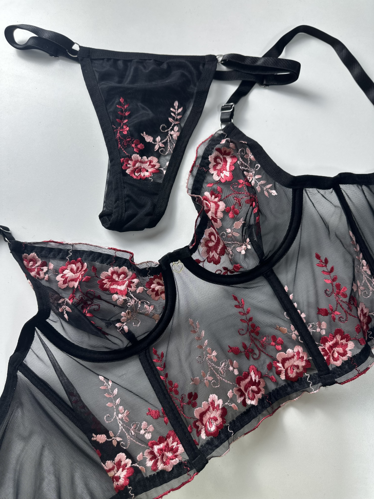 CORSET MIRELA FLORAL PRETO C/ VERMELHO E ROSÊ - #2
