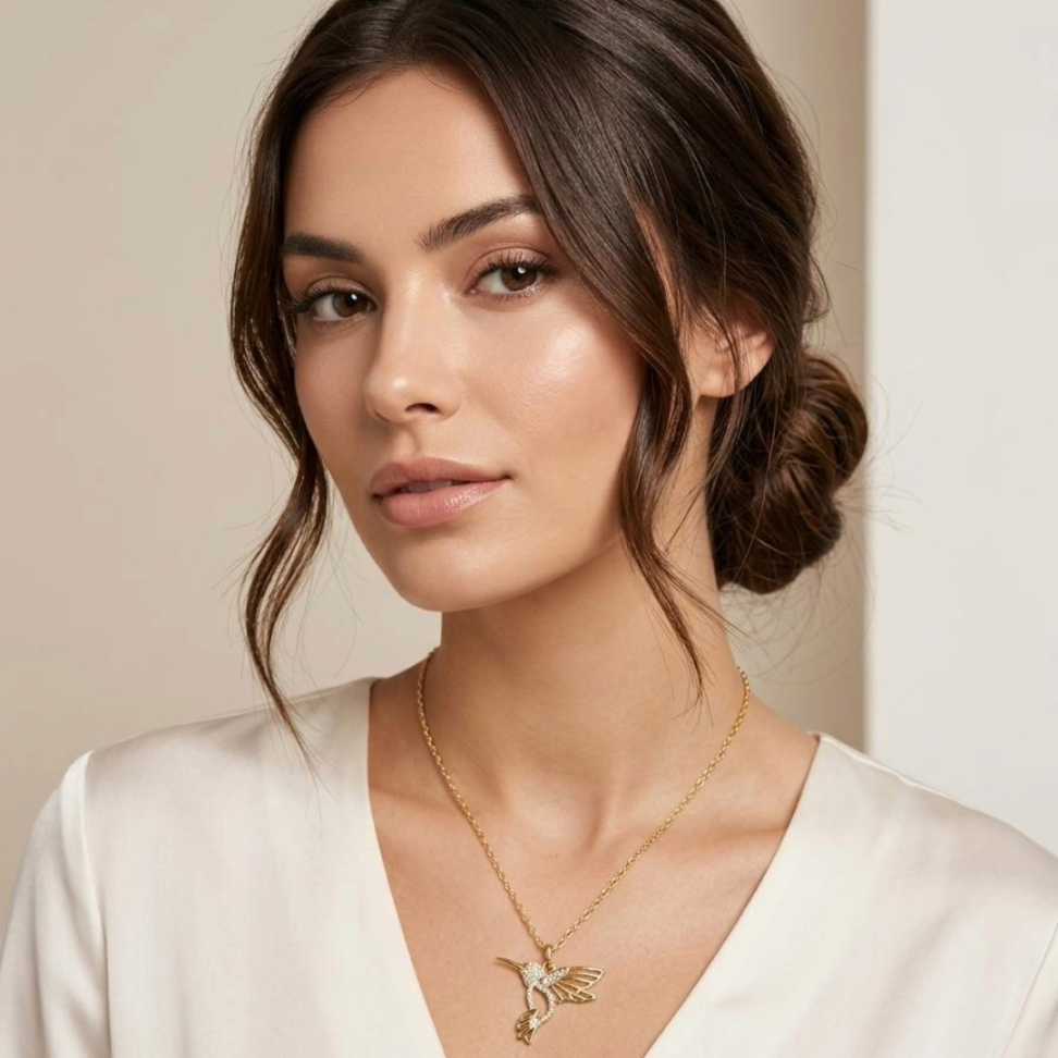 Colar Elo Alongado Pingente Beija-Flor Cravejado Zircônias Folheado a Ouro 18K