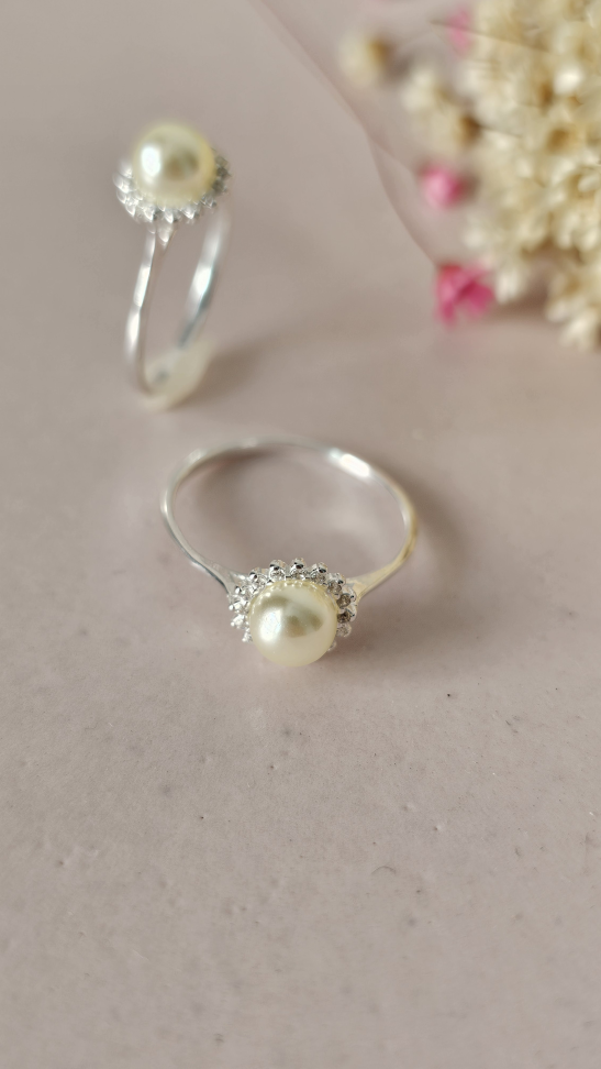 Anel Pérola solitário cravejado ao redor - #1