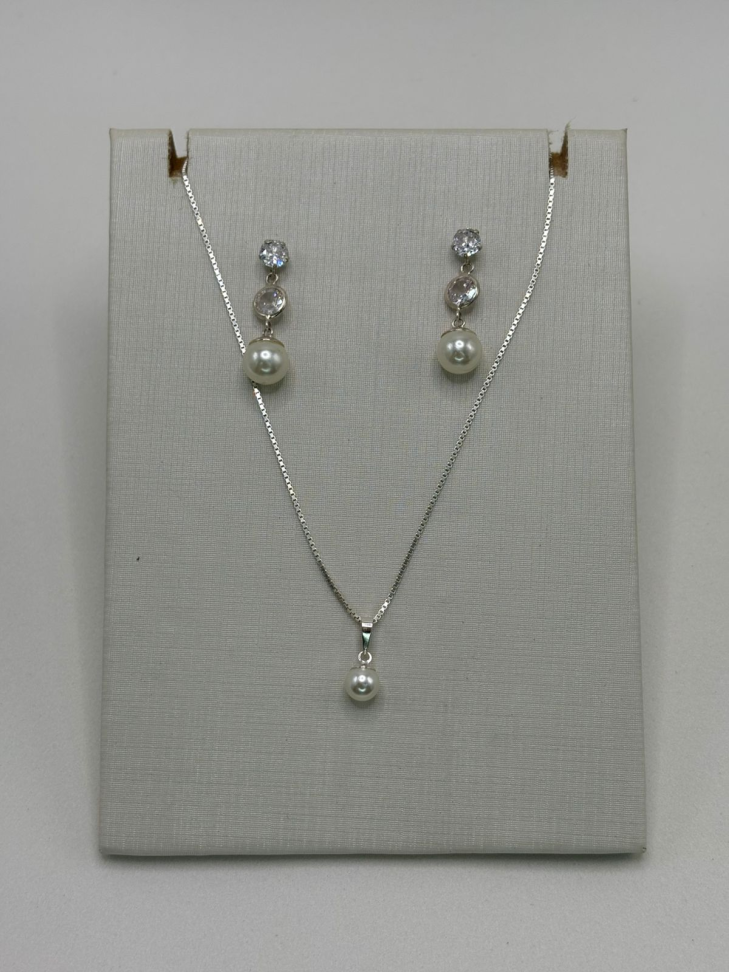 Brinco prata zircônia redondas e pérola - #2