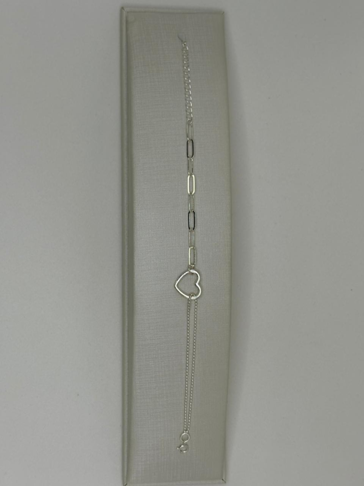 Pulseira prata duas correntes com coração - #2
