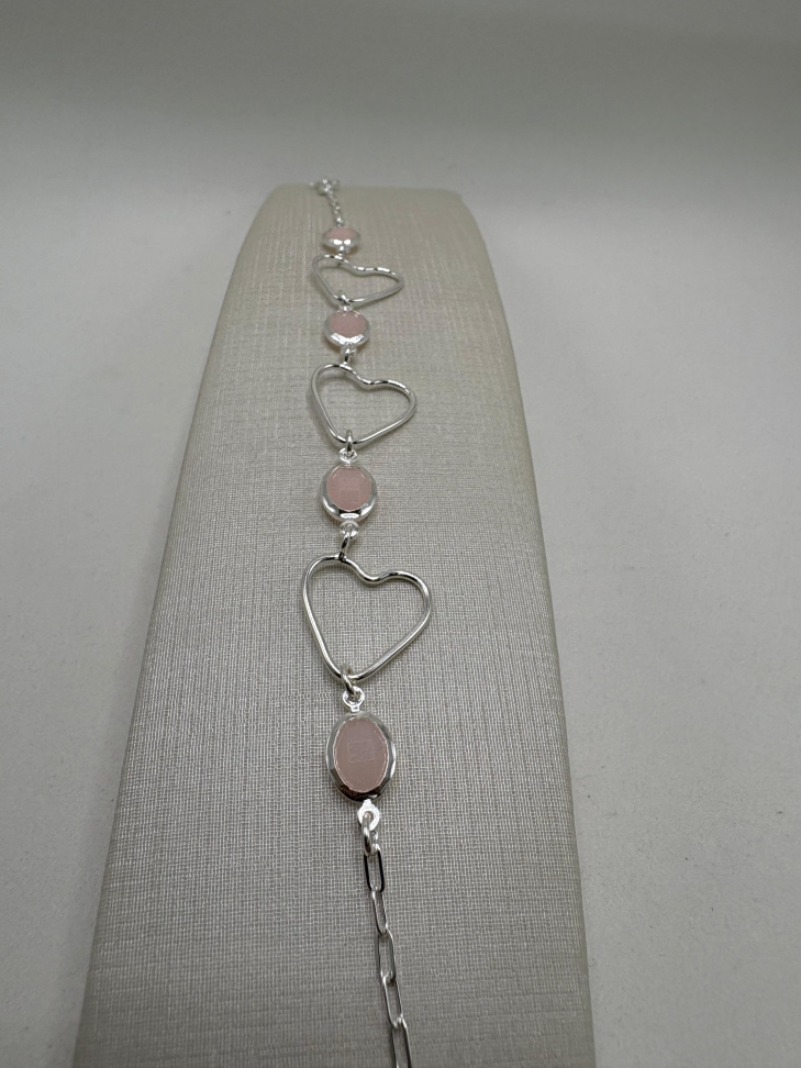 Pulseira prata corações vazados e zircônia rosa - #2