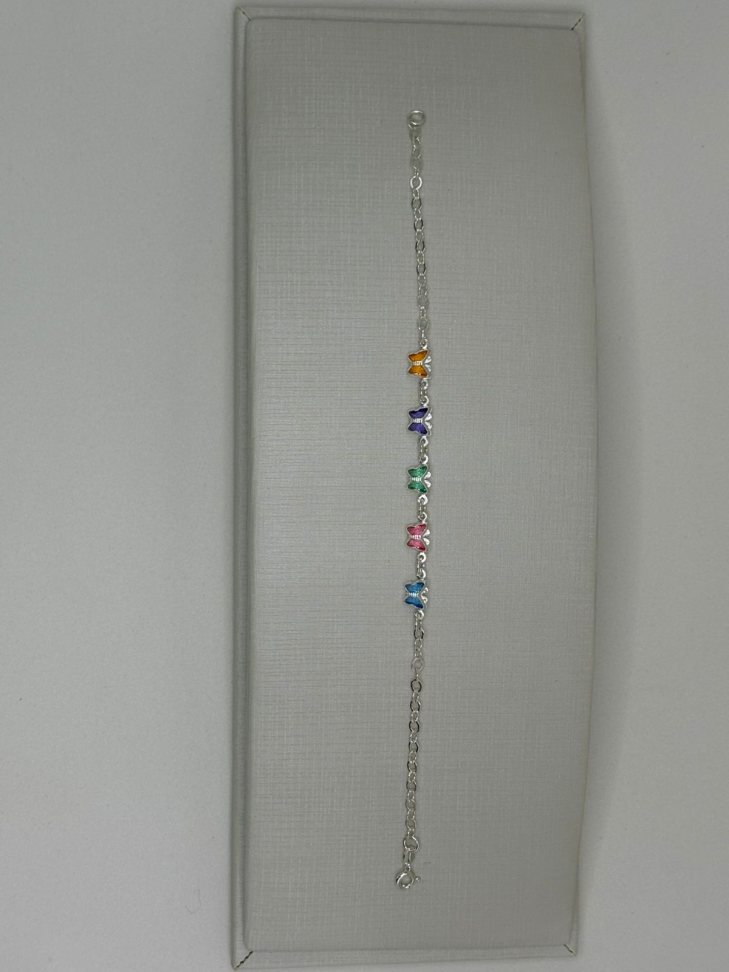 Pulseira prata elos redondos borboletas coloridas - #2