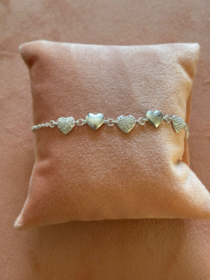 Pulseira prata elos português com corações - #2