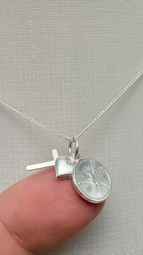 Pingente prata patuá cruz, medalha espirito santo e coração - #3