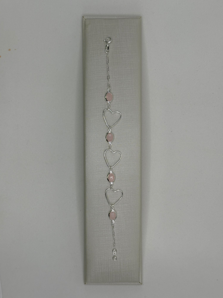 Pulseira prata corações vazados e zircônia rosa - #3