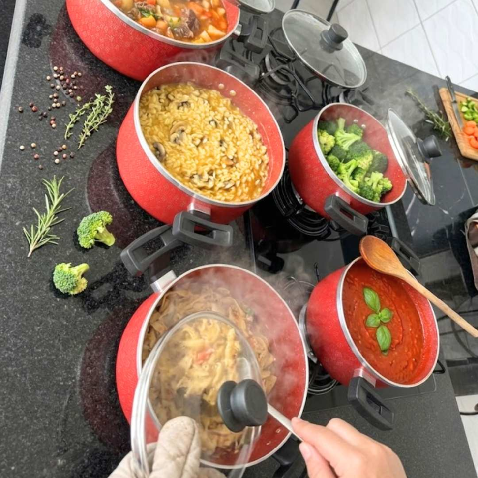 Jogo de Panelas 5 Peças Antiaderente com Tampa de Vidro Panelas Premium Revestimento Marmorizado Cozinha Completa Moderna - #15