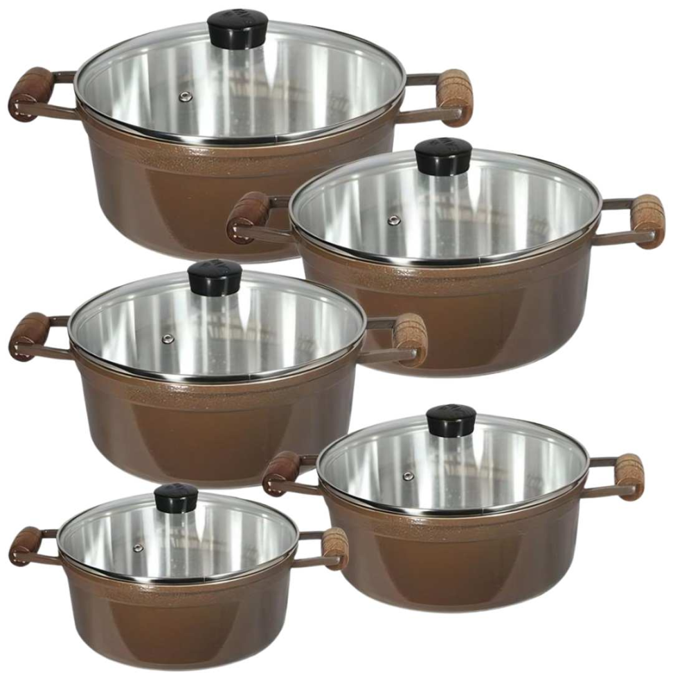 Jogo de Panelas 5 Peças Alumínio Fundido Grosso Super Resistente Cozimento Rápido e Uniforme + Tampas de Vidro Qualidade Premium - #9