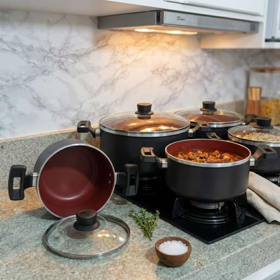 Jogo de Panelas 5 Peças Antiaderente com Tampa de Vidro Panelas Premium Revestimento Marmorizado Cozinha Completa Moderna - #10