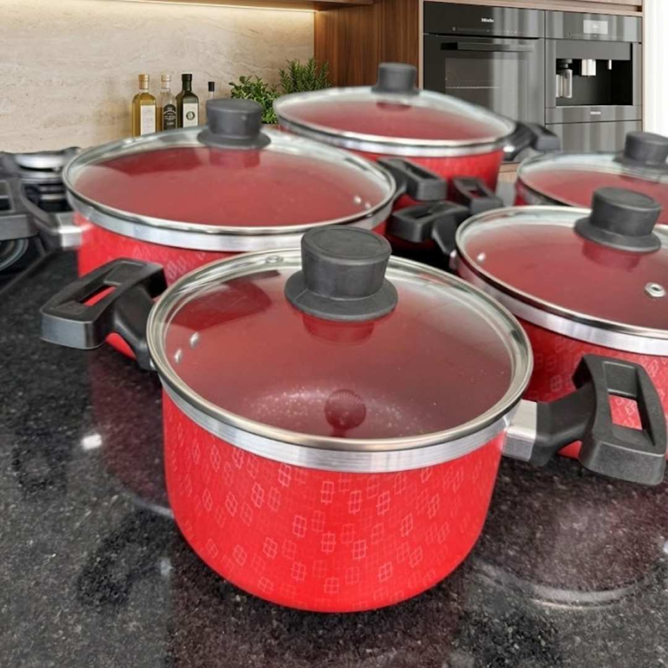 Jogo de Panelas 5 Peças Antiaderente com Tampa de Vidro Panelas Premium Revestimento Marmorizado Cozinha Completa Moderna - #17
