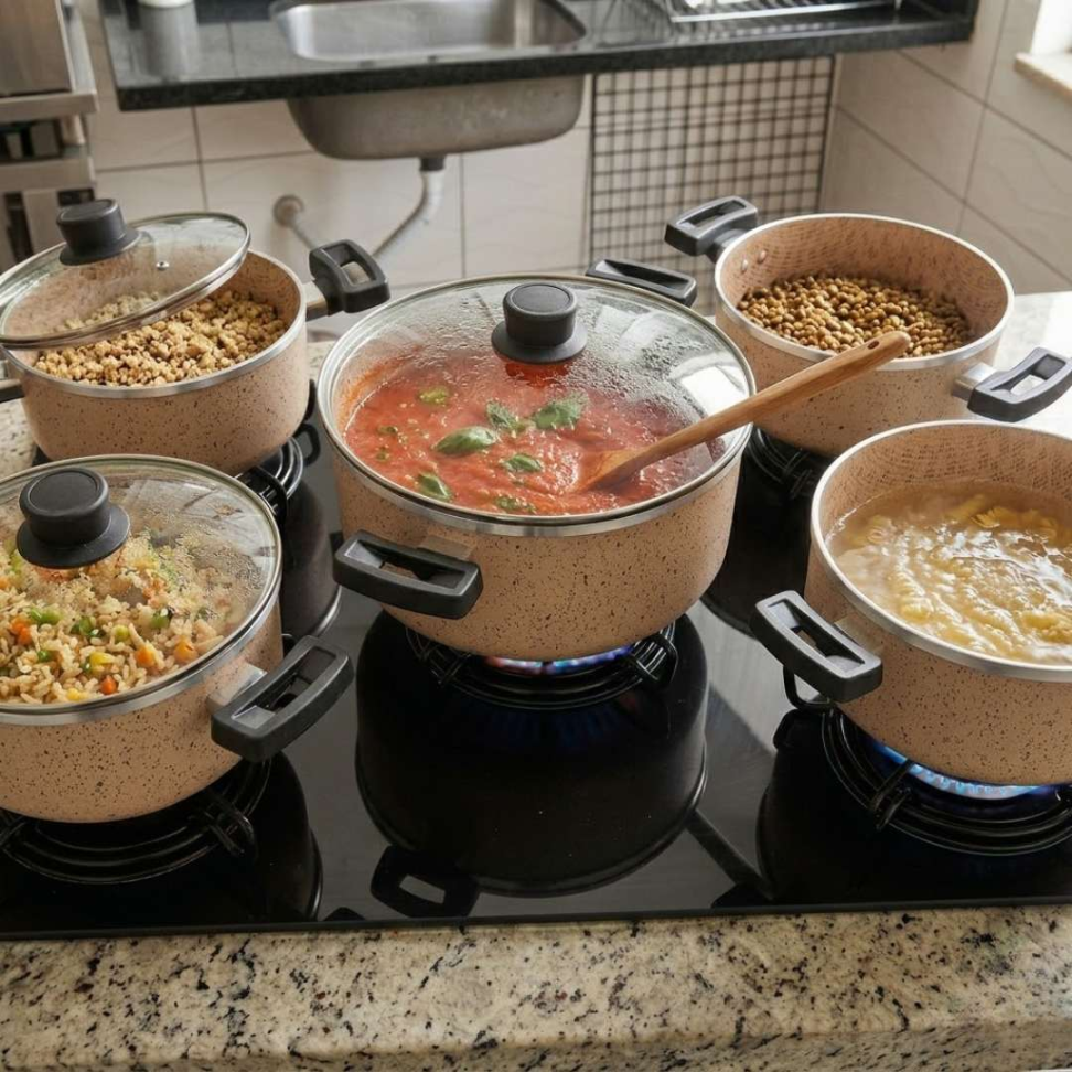 Jogo de Panelas 5 Peças Antiaderente com Tampa de Vidro Panelas Premium Revestimento Marmorizado Cozinha Completa Moderna - #6