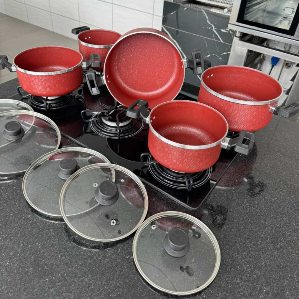 Jogo de Panelas 5 Peças Antiaderente com Tampa de Vidro Panelas Premium Revestimento Marmorizado Cozinha Completa Moderna - #19