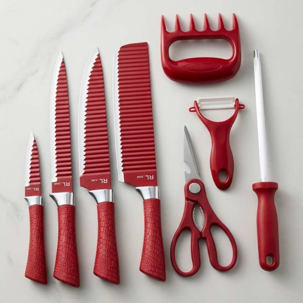 Jogo de Facas 8 Peças Profissional + Tesoura + Descascador + Chaira + Garra | Kit Completo Cozinha Premium Aço Inox Ultra Afiado - #10