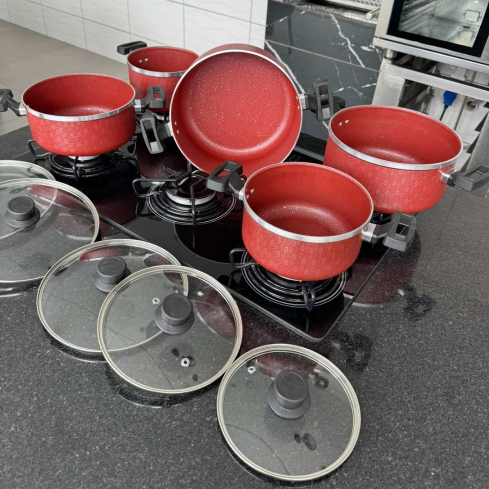 Jogo de Panelas 5 Peças Antiaderente com Tampa de Vidro Panelas Premium Revestimento Marmorizado Cozinha Completa Moderna - #20