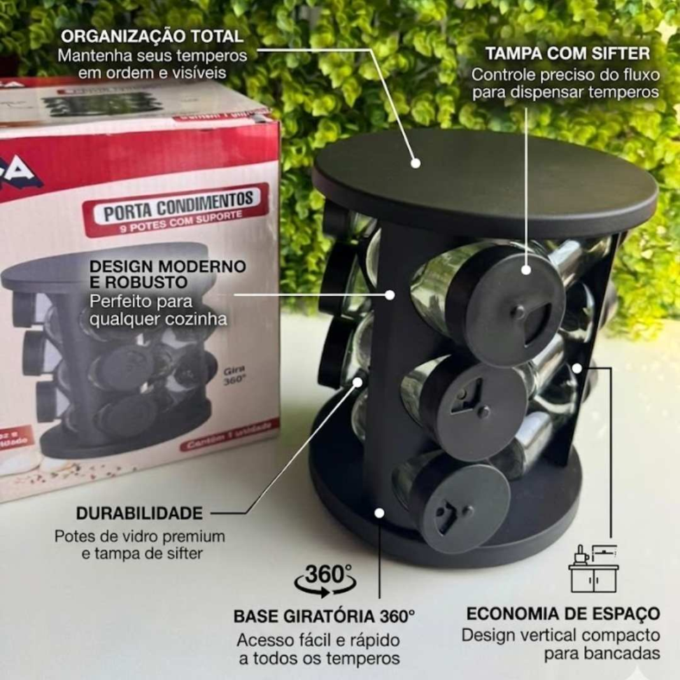 Porta Temperos Giratório 9 Potes + Suporte Moderno Organização Praticidade e Elegância para sua Cozinha. - #9