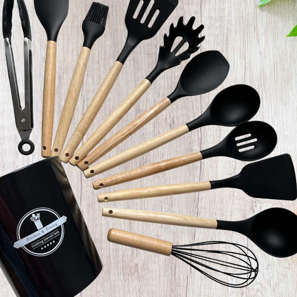 KIT COZINHA COMPLETO 12 PEÇAS Silicone Premium + Madeira Não Risca Panelas + Suporte Organizador - #3