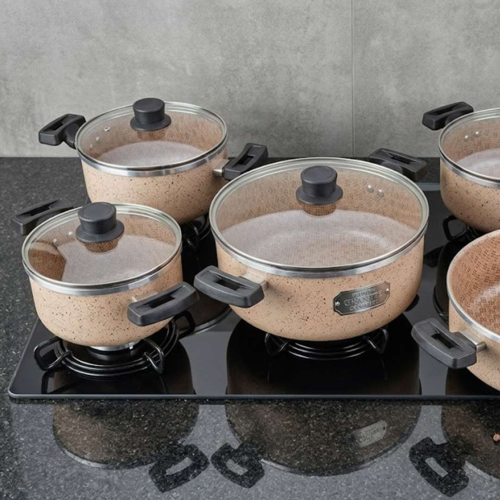 Jogo de Panelas 5 Peças Antiaderente com Tampa de Vidro Panelas Premium Revestimento Marmorizado Cozinha Completa Moderna - #3