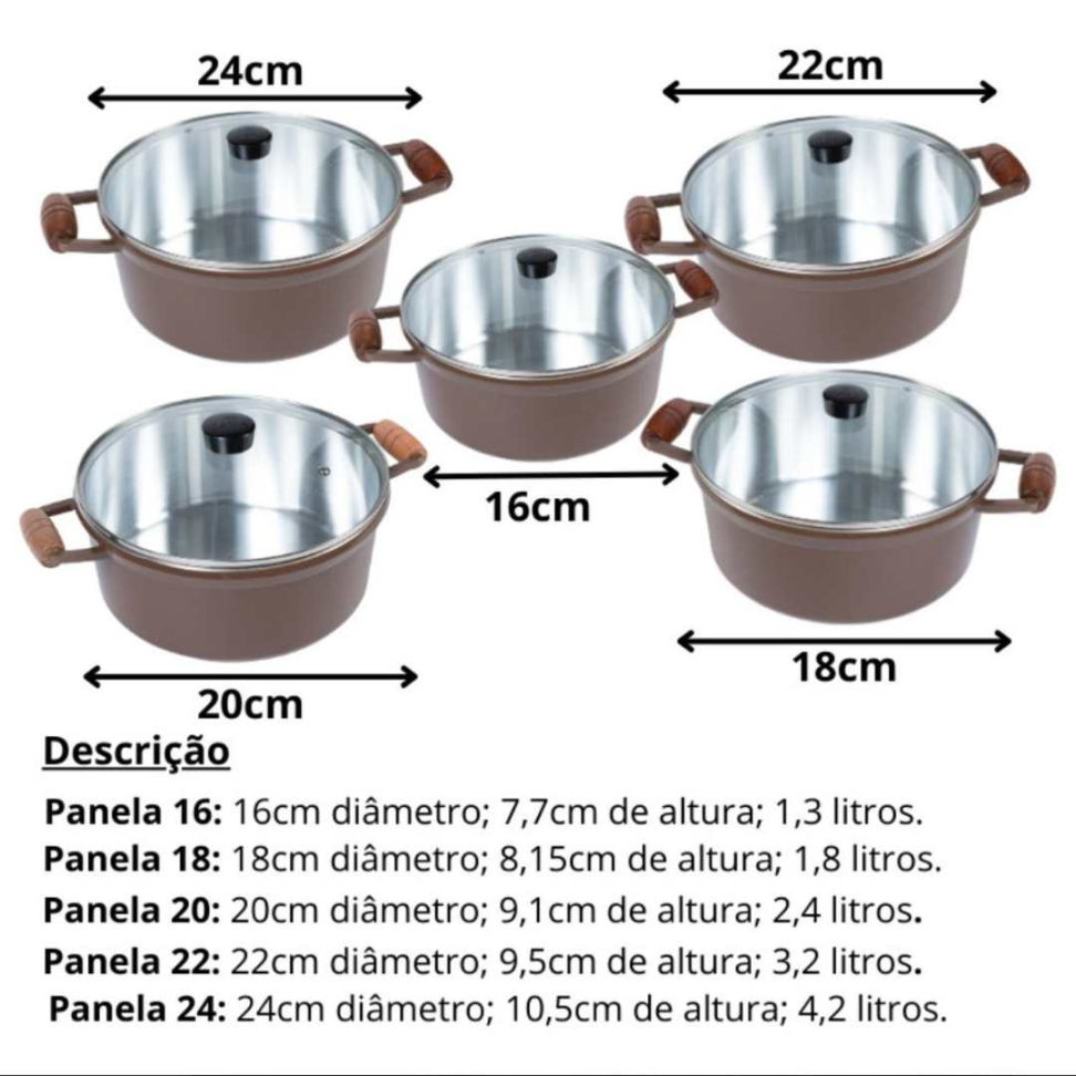 Jogo de Panelas 5 Peças Alumínio Fundido Grosso Super Resistente Cozimento Rápido e Uniforme + Tampas de Vidro Qualidade Premium - #11