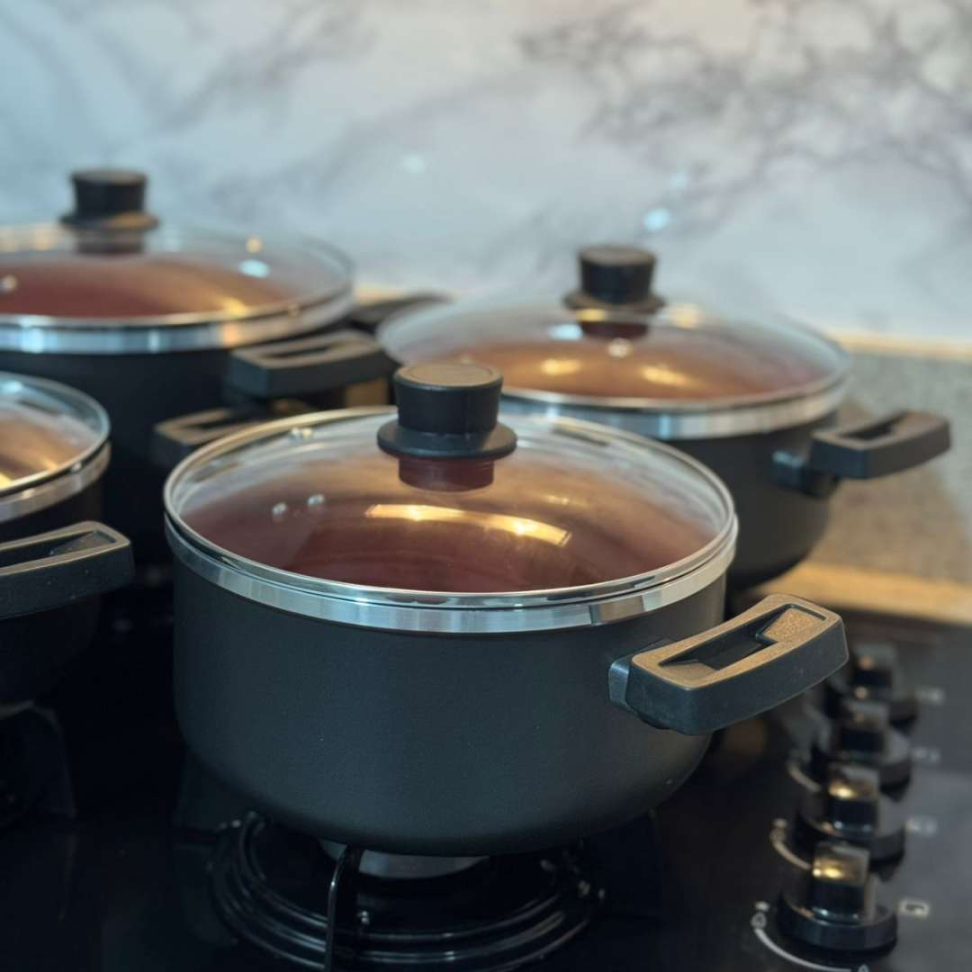 Jogo de Panelas 5 Peças Antiaderente com Tampa de Vidro Panelas Premium Revestimento Marmorizado Cozinha Completa Moderna - #11