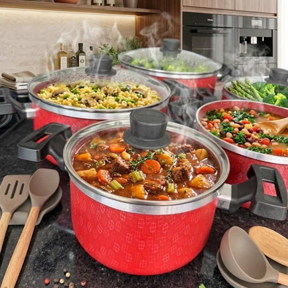 Jogo de Panelas 5 Peças Antiaderente com Tampa de Vidro Panelas Premium Revestimento Marmorizado Cozinha Completa Moderna - #18