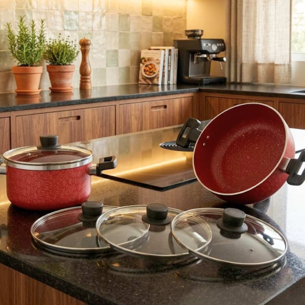 Jogo de Panelas 5 Peças Antiaderente com Tampa de Vidro Panelas Premium Revestimento Marmorizado Cozinha Completa Moderna - #14