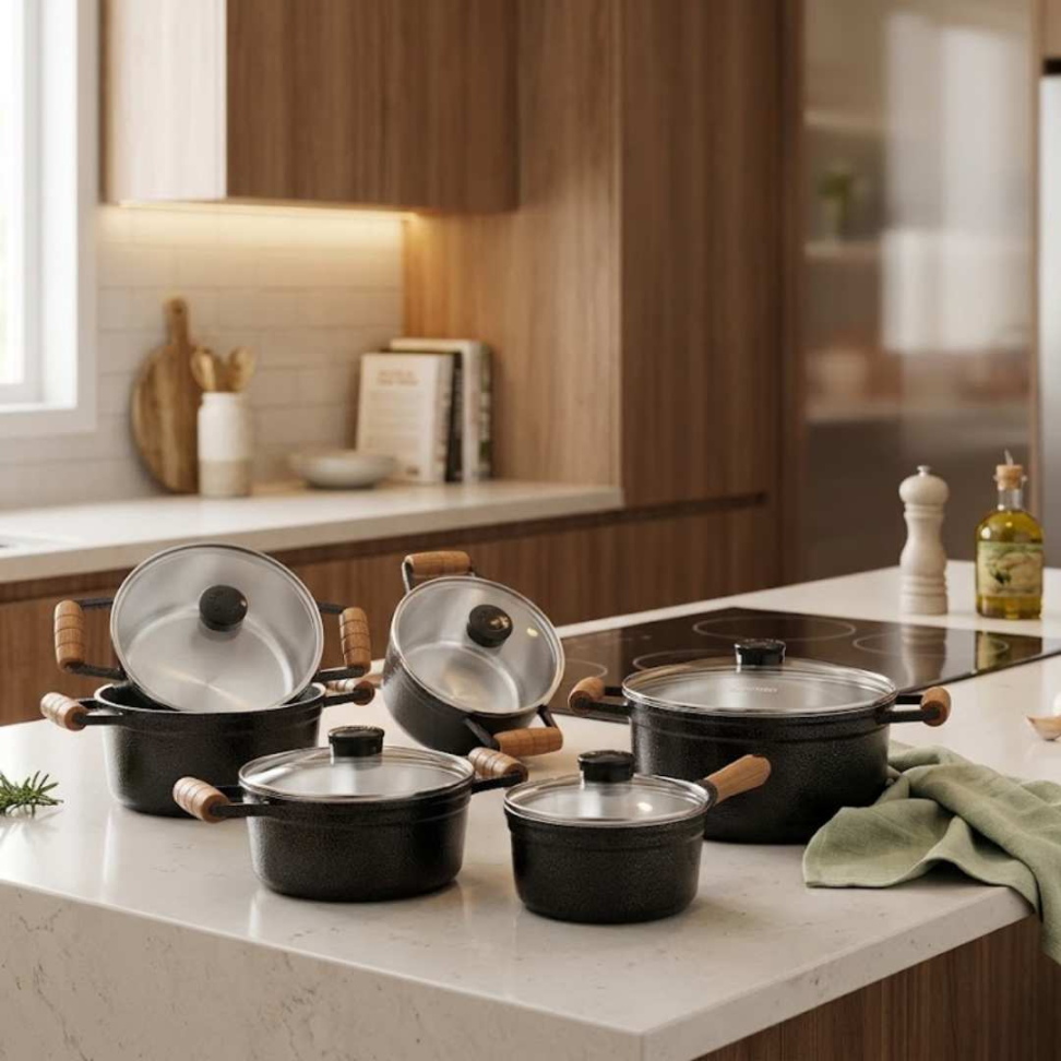 Jogo de Panelas 5 Peças Alumínio Fundido Grosso Super Resistente Cozimento Rápido e Uniforme + Tampas de Vidro Qualidade Premium - #4