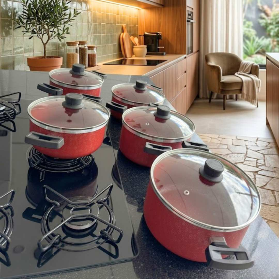 Jogo de Panelas 5 Peças Antiaderente com Tampa de Vidro Panelas Premium Revestimento Marmorizado Cozinha Completa Moderna - #16