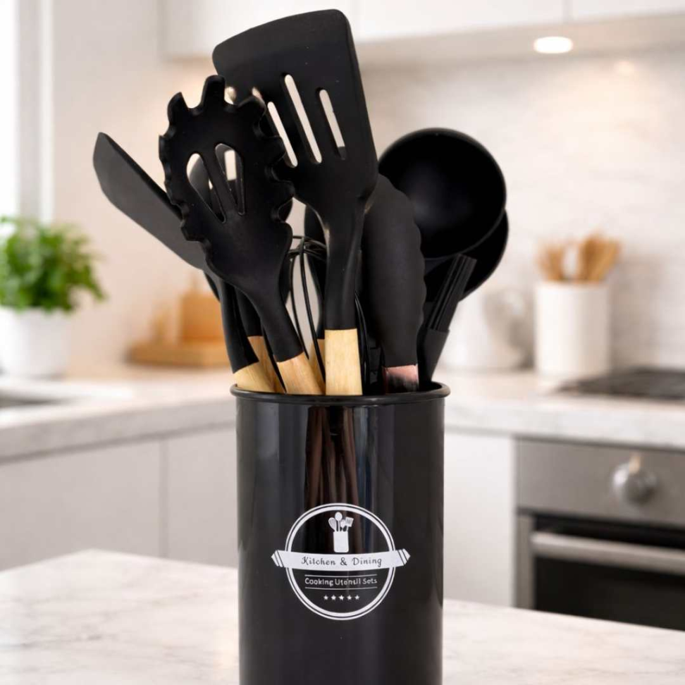 KIT COZINHA COMPLETO 12 PEÇAS Silicone Premium + Madeira Não Risca Panelas + Suporte Organizador - #5