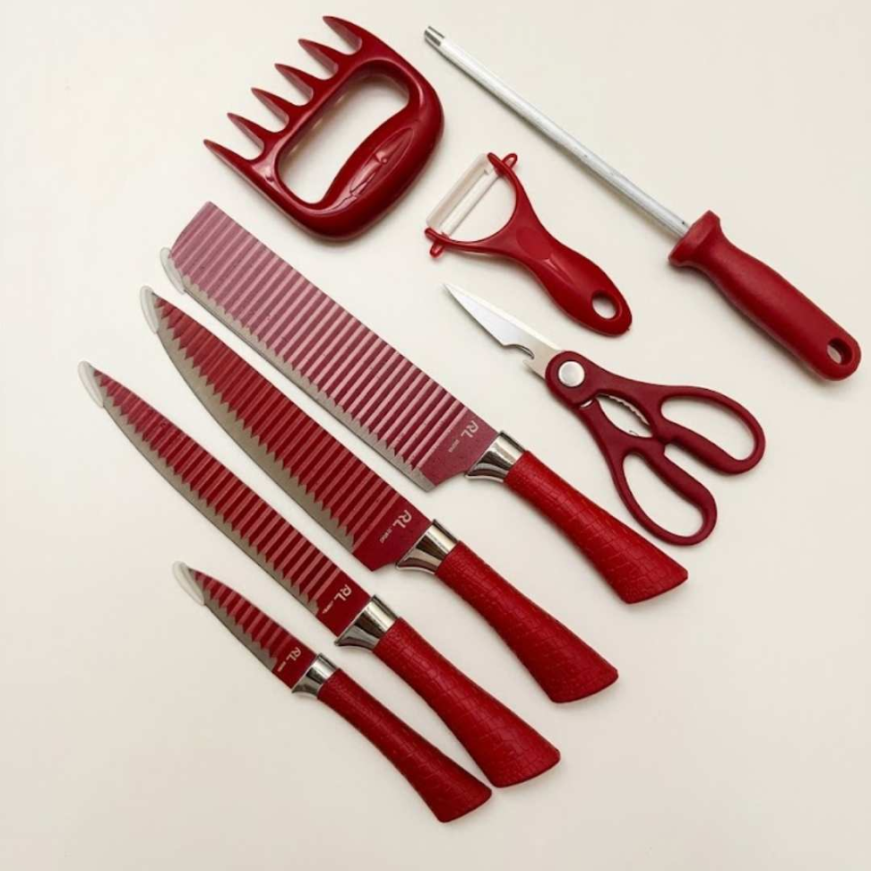 Jogo de Facas 8 Peças Profissional + Tesoura + Descascador + Chaira + Garra | Kit Completo Cozinha Premium Aço Inox Ultra Afiado - #11