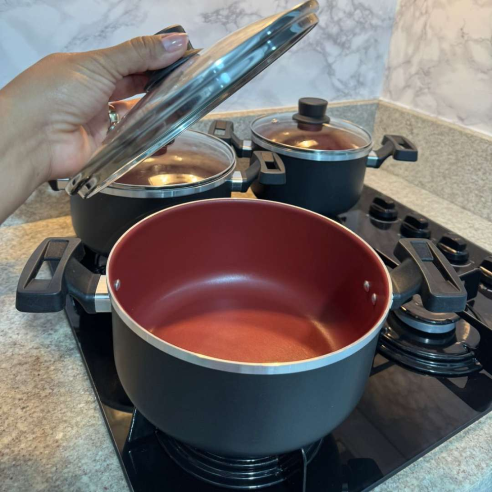 Jogo de Panelas 5 Peças Antiaderente com Tampa de Vidro Panelas Premium Revestimento Marmorizado Cozinha Completa Moderna - #4