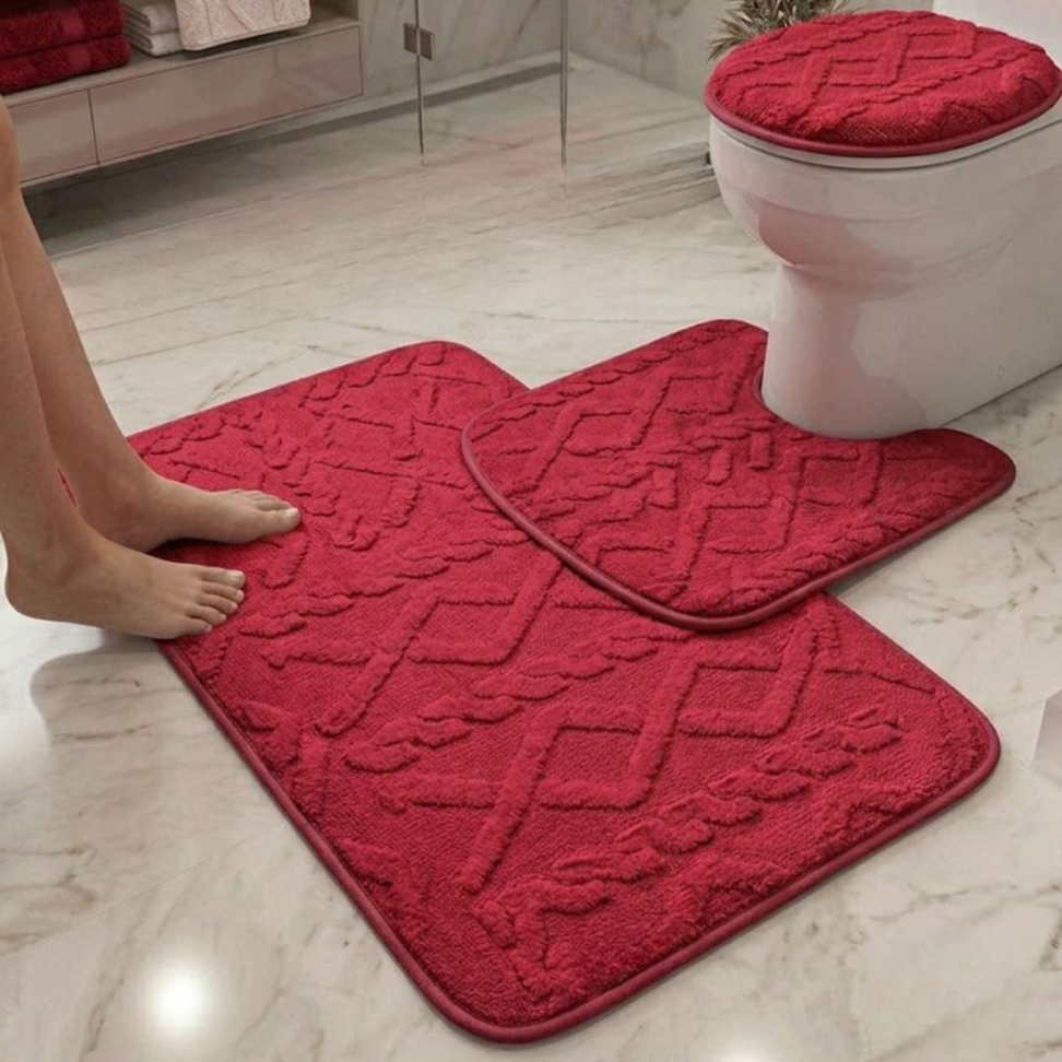 Jogo de Banheiro 3 Peças Antiderrapante Premium Tapete + Tampa Vaso + Pé do Vaso Macio e Confortável - #10