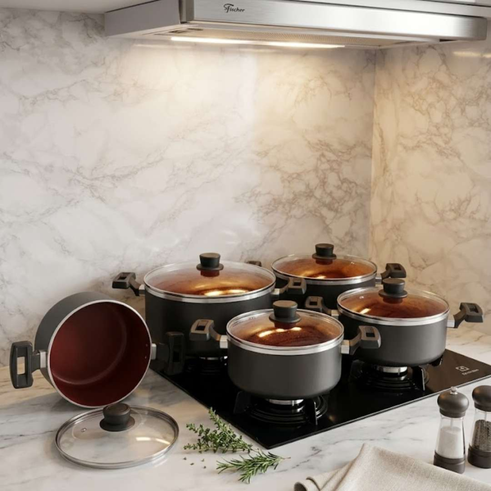 Jogo de Panelas 5 Peças Antiaderente com Tampa de Vidro Panelas Premium Revestimento Marmorizado Cozinha Completa Moderna - #8