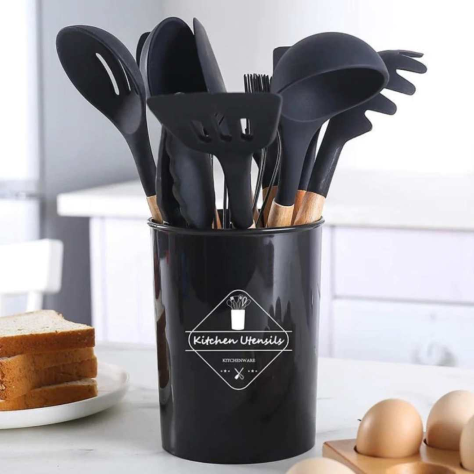 KIT COZINHA COMPLETO 12 PEÇAS Silicone Premium + Madeira Não Risca Panelas + Suporte Organizador - #2