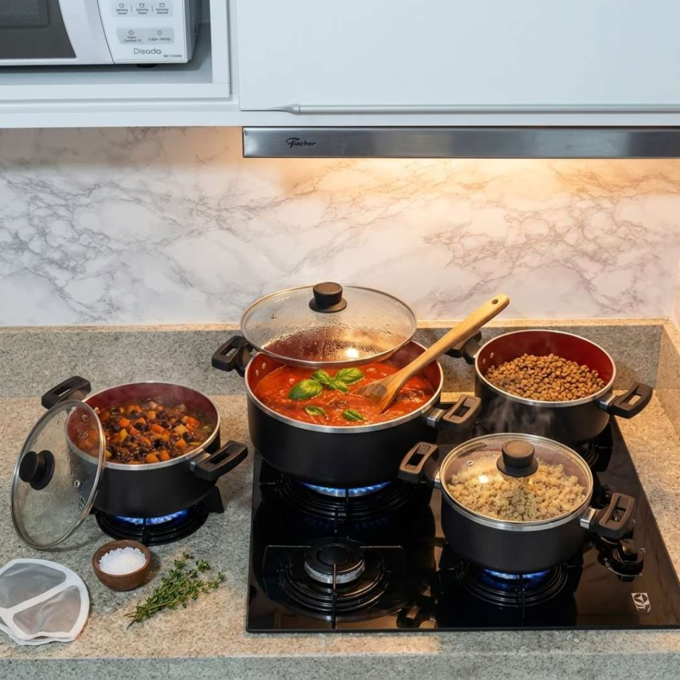 Jogo de Panelas 5 Peças Antiaderente com Tampa de Vidro Panelas Premium Revestimento Marmorizado Cozinha Completa Moderna - #9