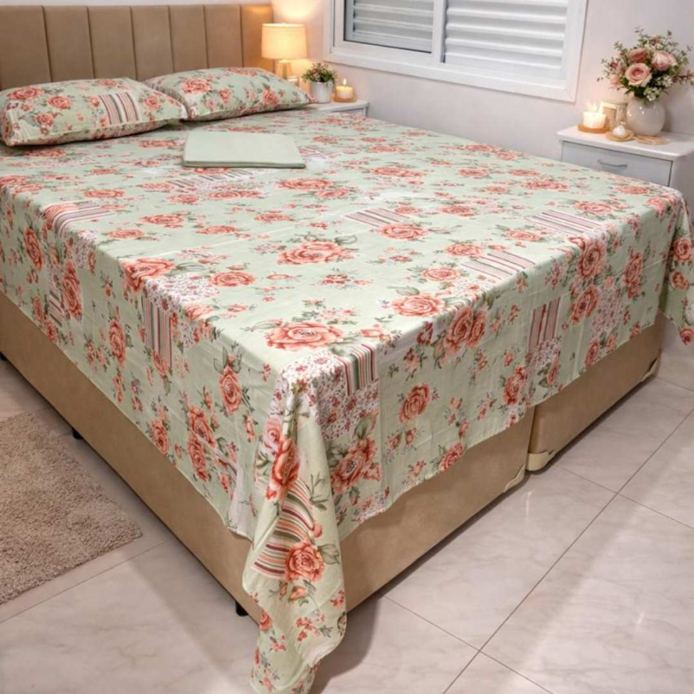 Jogo de Lençol Queen 4 Peças Floral Premium com Elástico Toque Macio 60% Algodão Conforto e Elegância para Seu Quarto. - #16