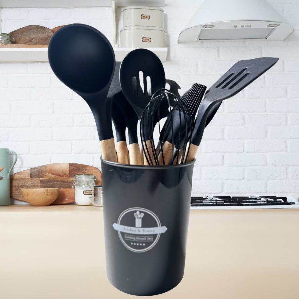 KIT COZINHA COMPLETO 12 PEÇAS Silicone Premium + Madeira Não Risca Panelas + Suporte Organizador - #4