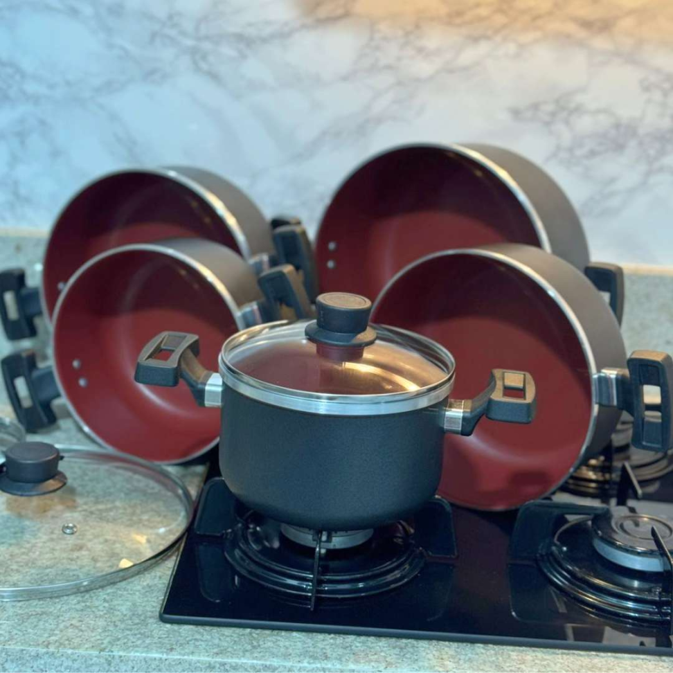 Jogo de Panelas 5 Peças Antiaderente com Tampa de Vidro Panelas Premium Revestimento Marmorizado Cozinha Completa Moderna - #12