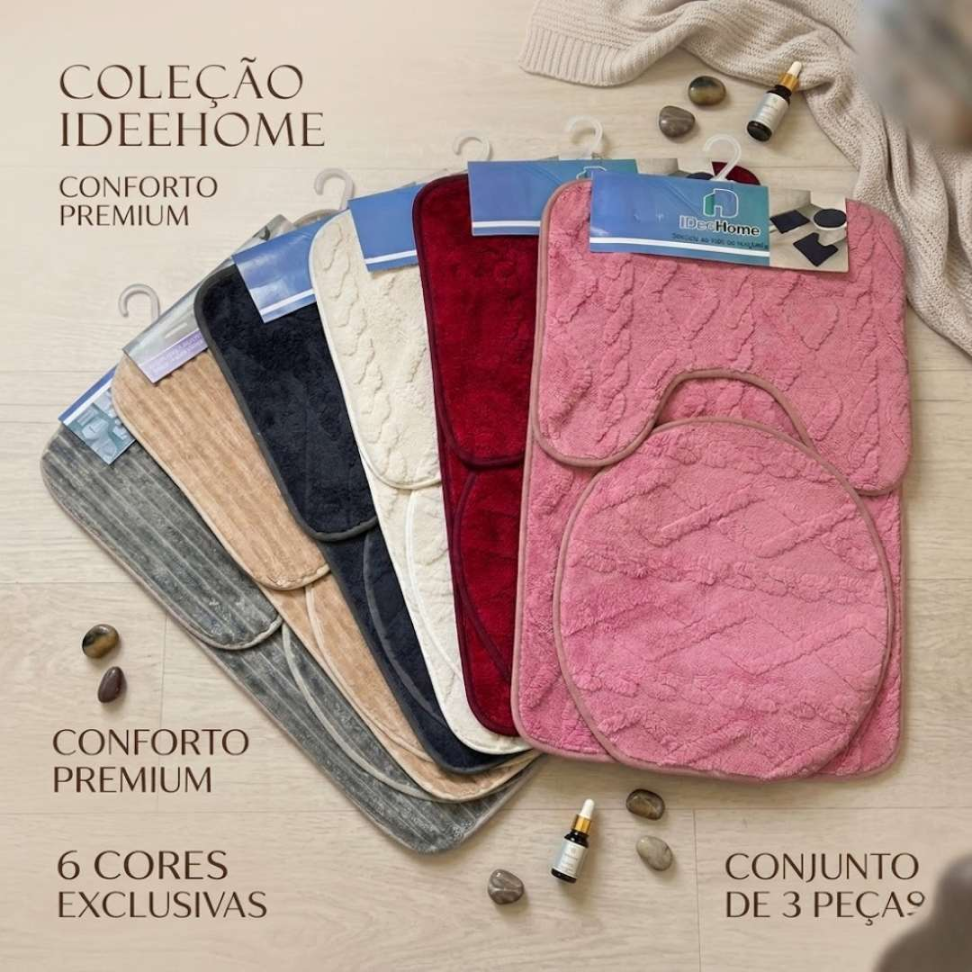 Jogo de Banheiro 3 Peças Antiderrapante Premium Tapete + Tampa Vaso + Pé do Vaso Macio e Confortável - #12