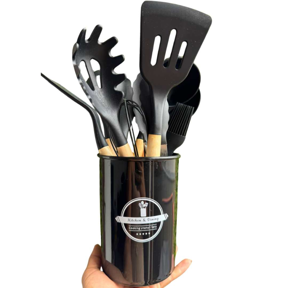 KIT COZINHA COMPLETO 12 PEÇAS Silicone Premium + Madeira Não Risca Panelas + Suporte Organizador - #6