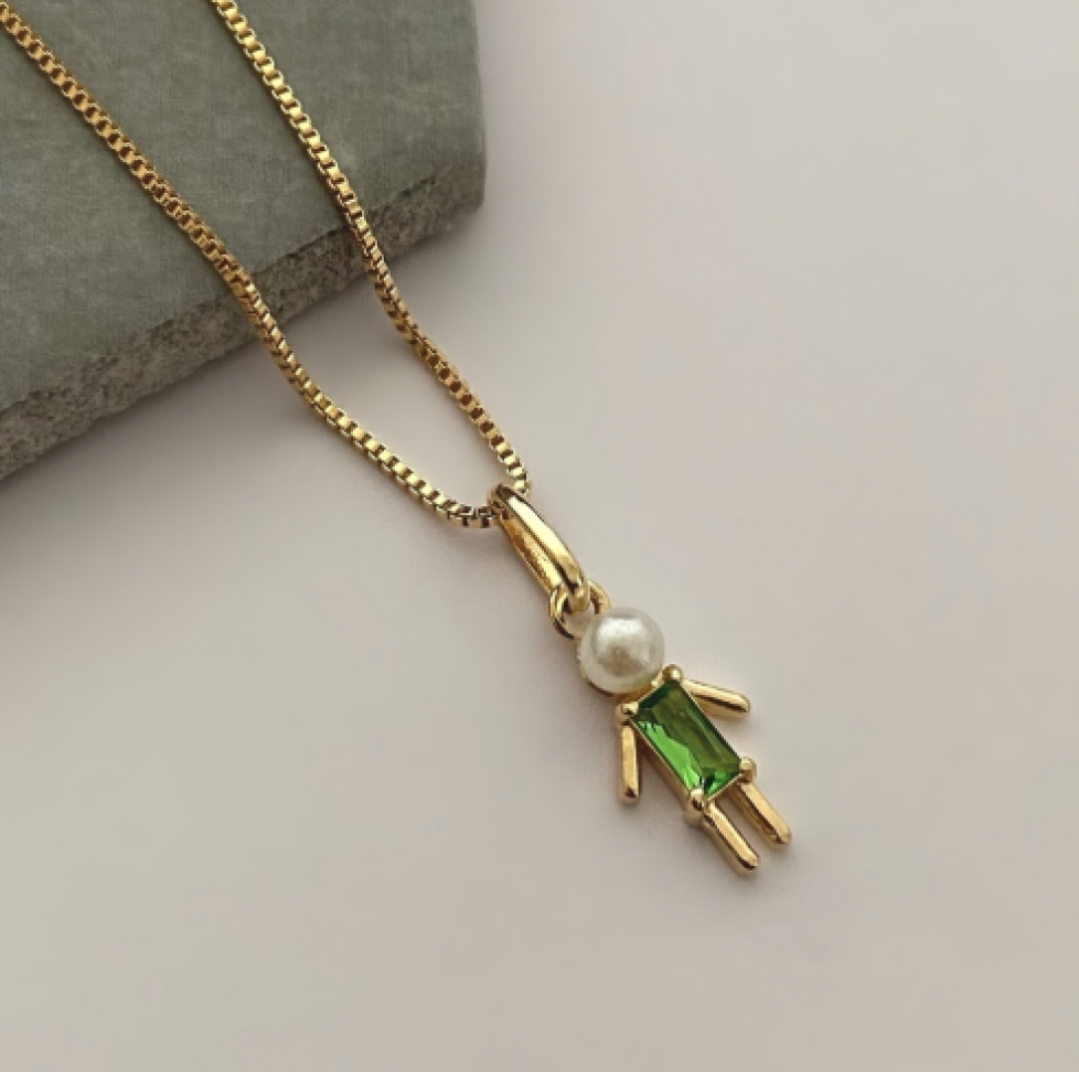 Colar Pingente Menino Zircônia Verde & Pérola