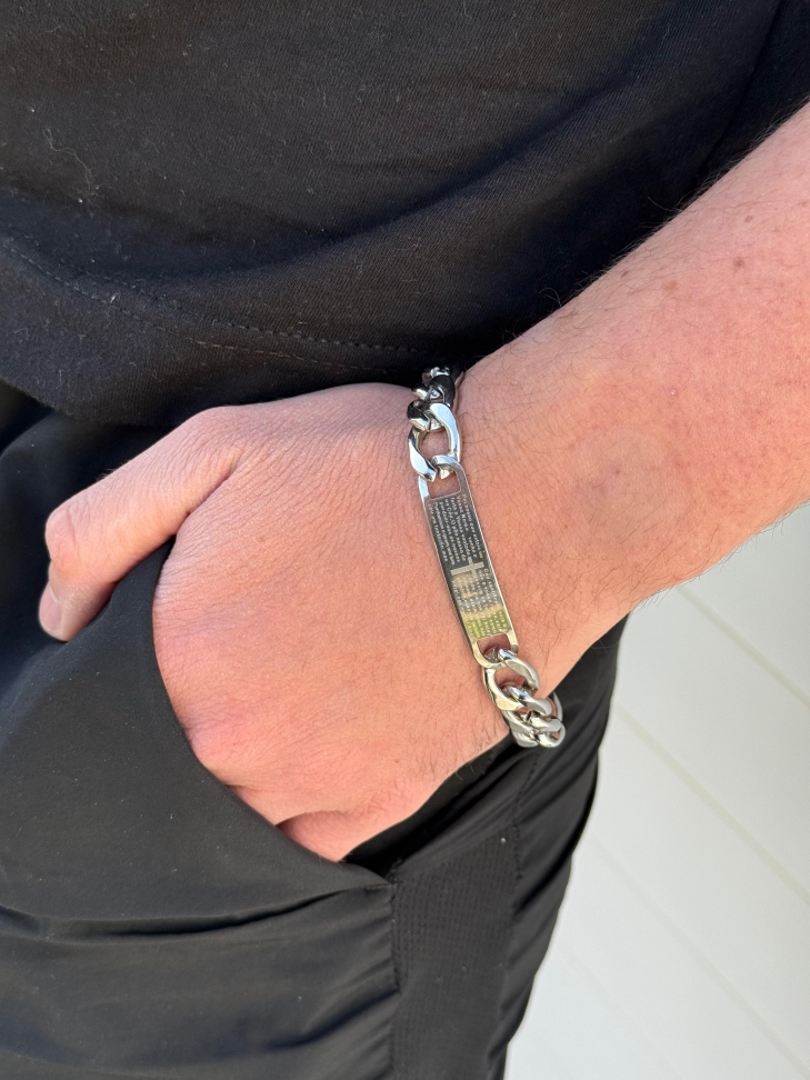 Pulseira Masculina Elo Chapa Oração | Aço Inox