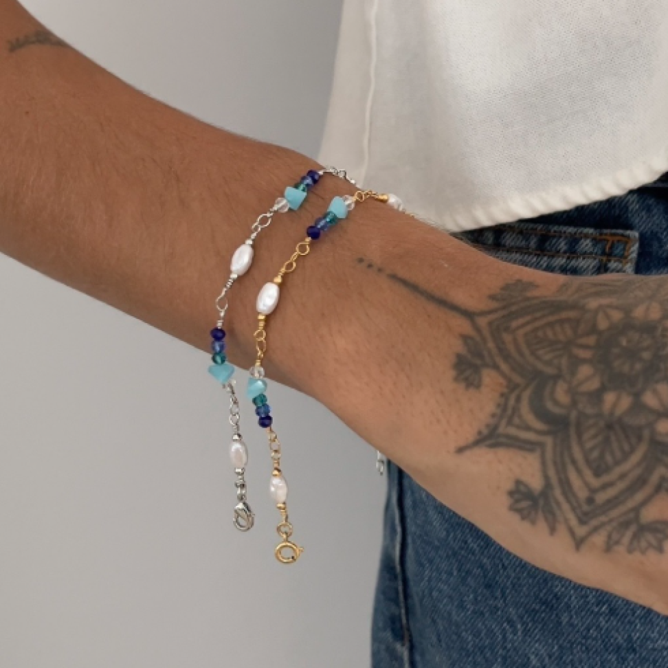 Pulseira Pérola & Miçangas Azuis