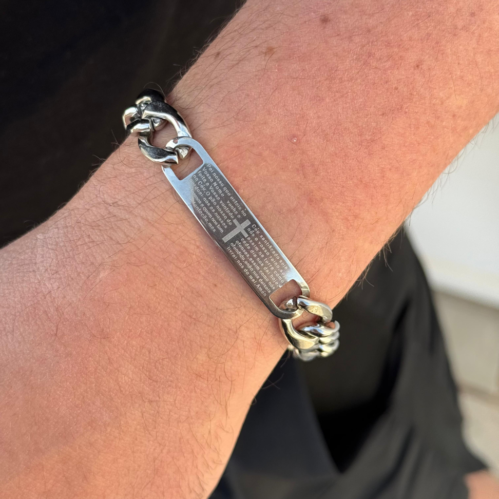 Pulseira Masculina Elo Chapa Oração | Aço Inox