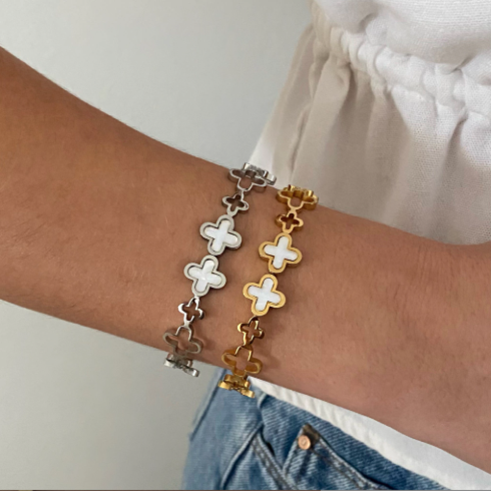 Bracelete Trevo Perolado | Aço Inox