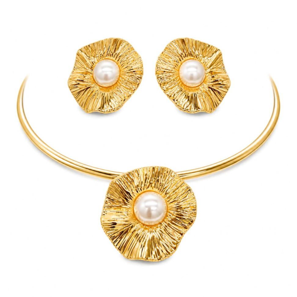 Conjunto Aro Flor Trabalhada & Botão Pérola
