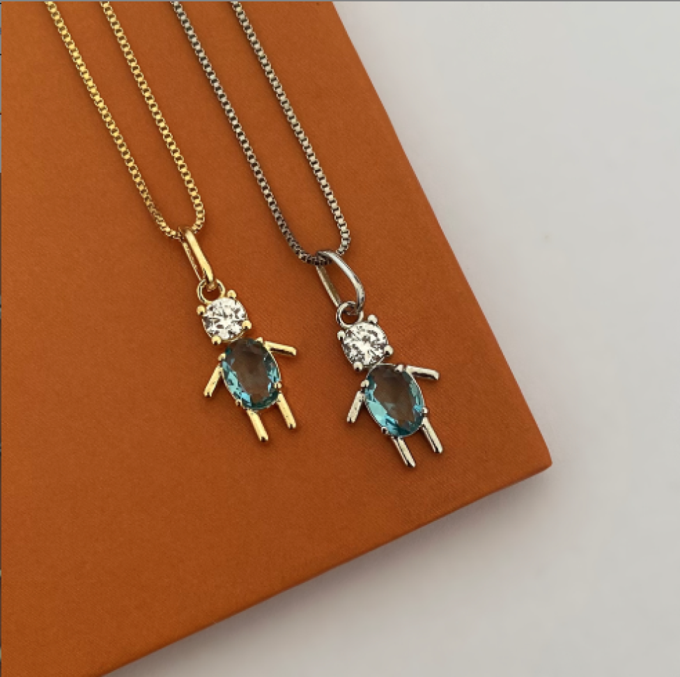 Colar Pingente Menino Zircônia Cristal & Azul