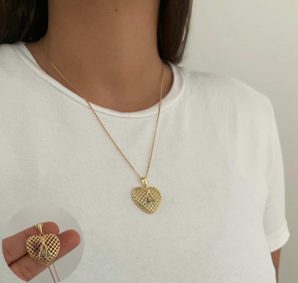 Colar Pingente Coração Quadriculado Nossa Senhora Aparecida