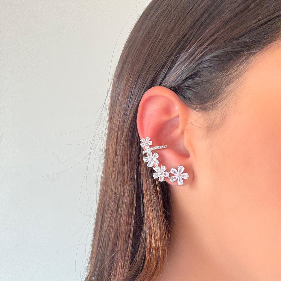 Brinco Ear Cuff Flores Cristais