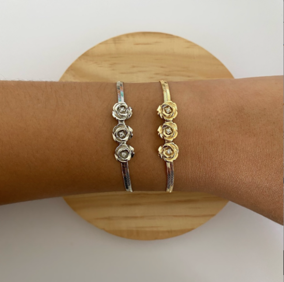 Pulseira Fita Diamantada & Flores