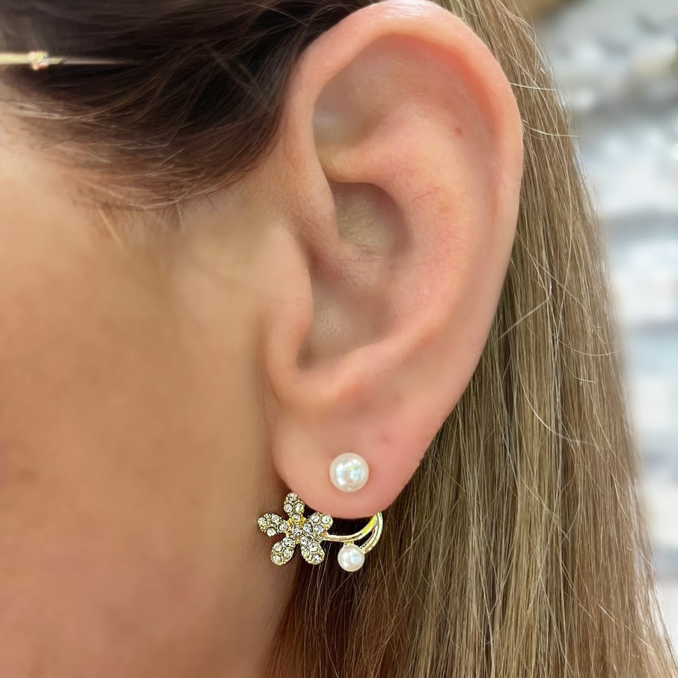 Brinco Ear Jack Flor Pérolas